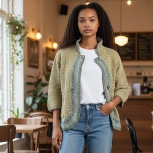 J Jill Crocheted Green Blue Jeweled Cardigan Sweater So Lovely Nice weight